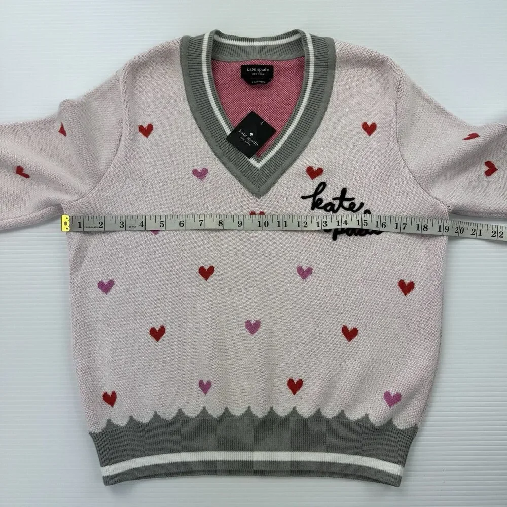 Kate Spade New York Sweater Womens Small Pink Heart V Neck Cotton NWT